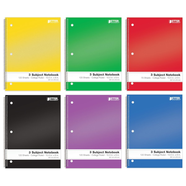Better Office Products Spiral Notebooks, 3-Subj, College Rule, 120 Shts W/Sturdy Pkt Div, 10.5in. x 8in. Asst'd Colors, 6PK 25736 - main